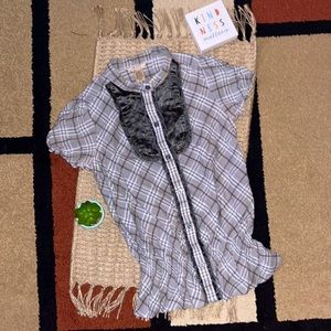 Short Sleeve, button down, plaid, collard, elastic ruffle 4 inches from bottom